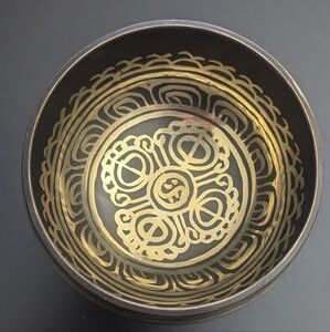 Golden/Brown TibetanPrinted Singing Bowl 7cm With Blue Pillow, Meditation Bowl